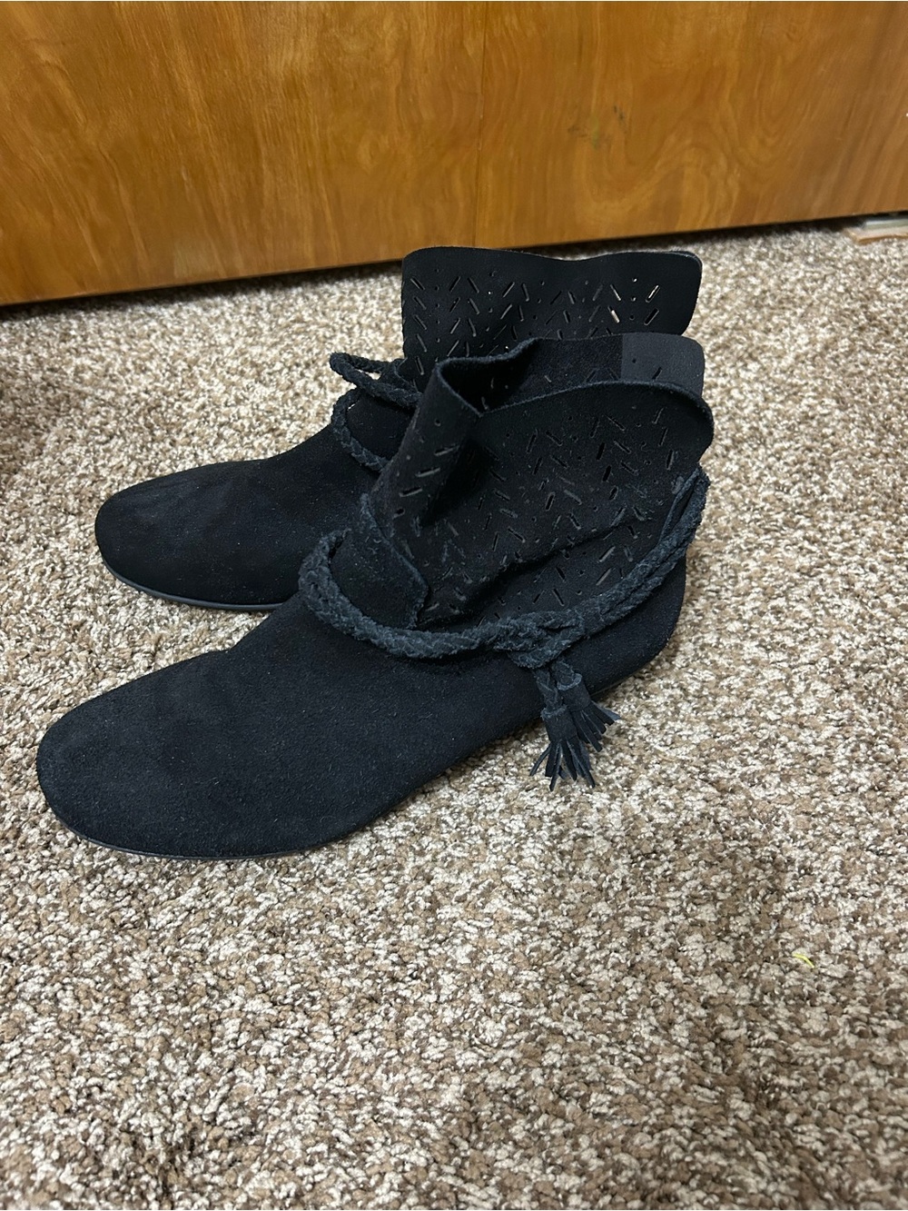 Abeo Black Suede Ankle Boots with Braided Tassel Wrap